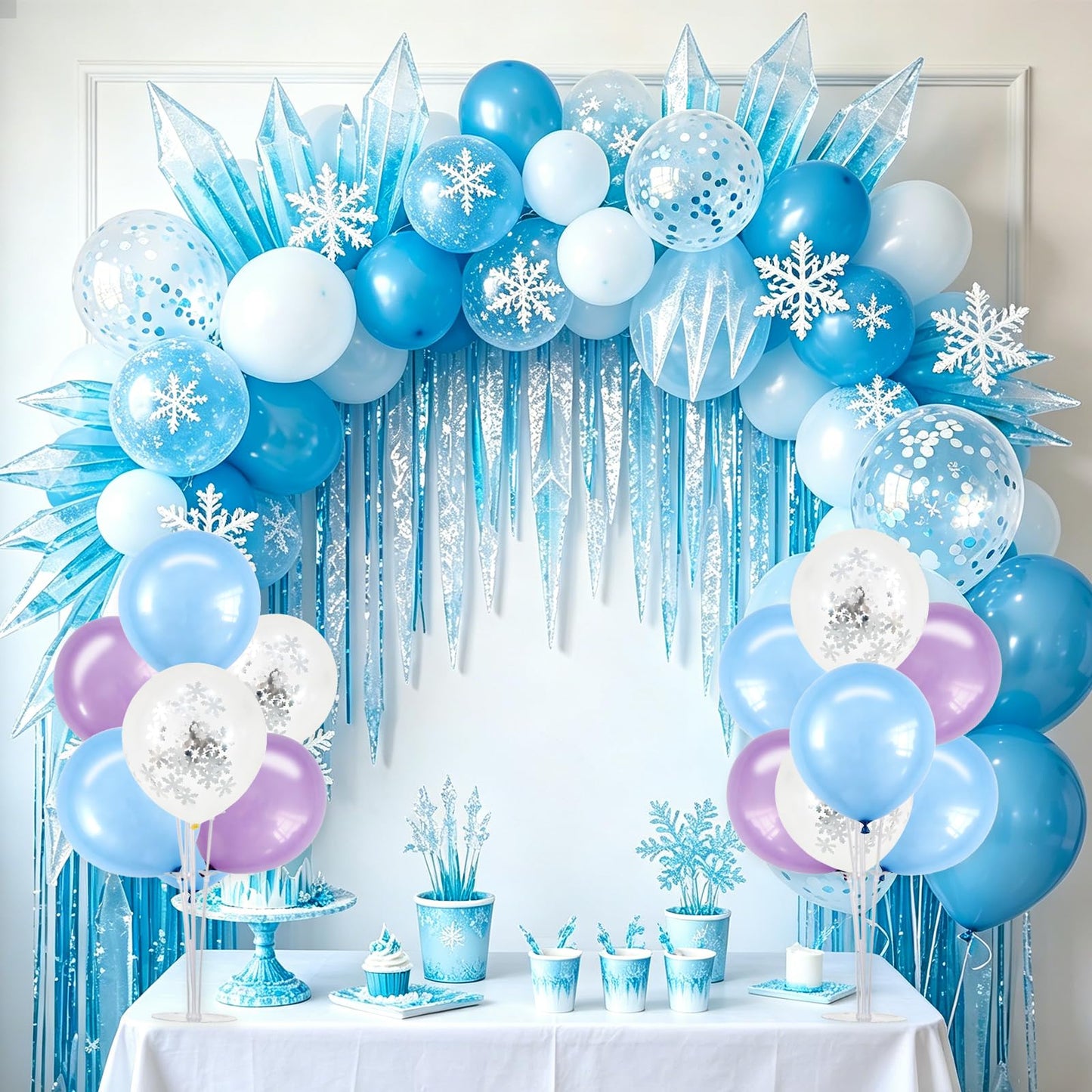 TONIFUL 4 Set Macaron Blue Purple Snowflakes Balloon Centerpieces for Table,Balloon Stand Kit for Kid Party Decor,Birthday Decorations Winter Theme Party Decorations