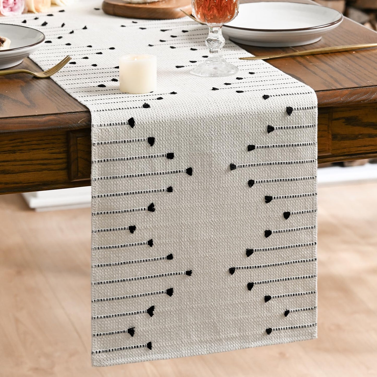 Artoid Mode Black Boho Table Runner for Farmhouse Rustic，Seasonal Holiday Macrame Burlap Kitchen Dining Table Decoration for Home Party Decor 12x72 Inch