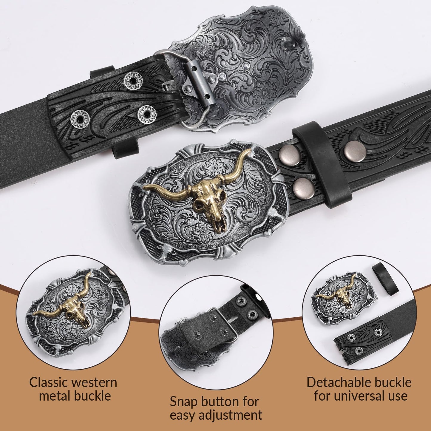 LALATCH Western Belts for Men Women Genuine Leather Cowboy Belt with Longhorn Poker Western Buckle Classic Country Style Black L