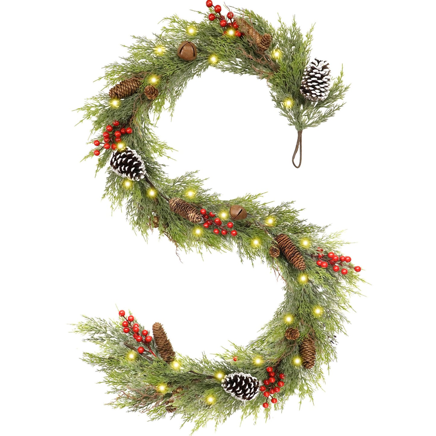6FT Christmas Cedar Garland with Lights,Artificial Realistic Battery Operated Green Garland Christmas Decorations for Home Mantel Stairs Railing Dining Table Winter Decor