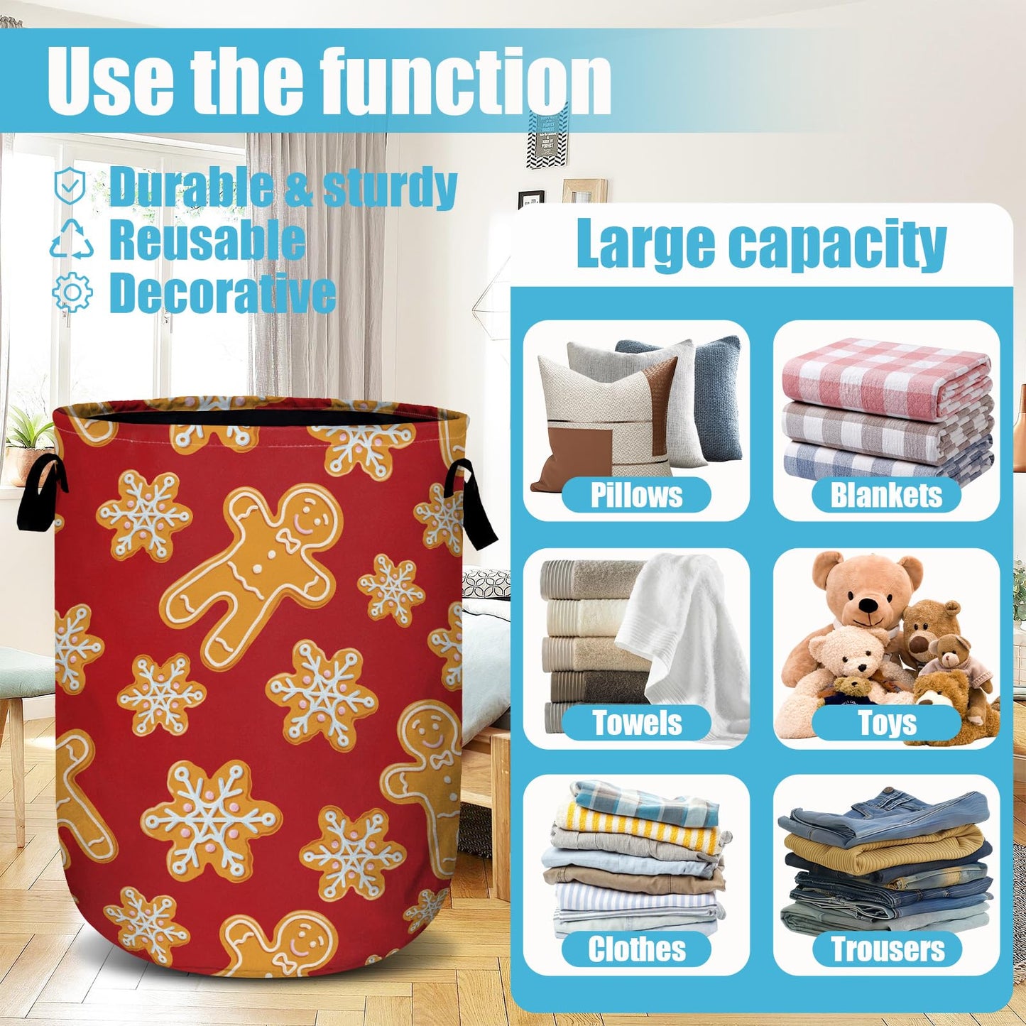 Red Gingersnap Laundry Basket, Christmas Laundry Hamper Collapsible Oxford Cloth with Handle Clothes Storage Bin for Bathroom Laundry Room Bedroom 15.7 X 20 Inch