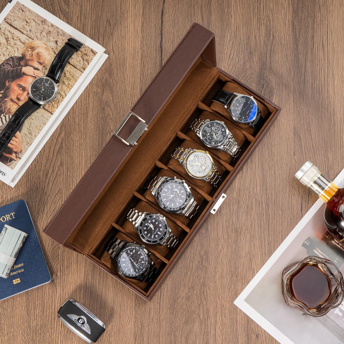 ProCase Watch Box, Fathers Day Gift for Dad, 6 Slot Mens Watch Case, Watch Storage Holder Organizer, Watch Display Case with Glass Lid, Anniversary Birthday Gifts -6 Slot, Espresso