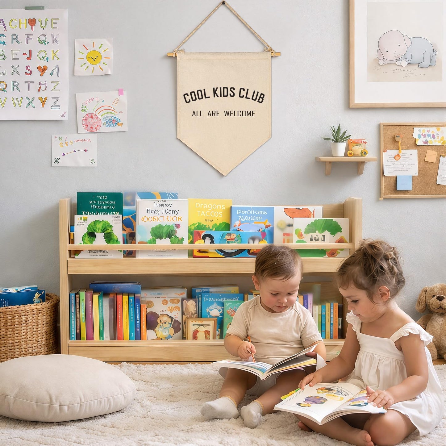 Cool Kids Club All Are Welcome-Canvas Banner Flag Sign Pennant Poster Wall Decor Gift for Kids Baby Boy Girl,Nursery Baby Room Playroom Bedroom Reading Room Door-Birthday Christmas Gift