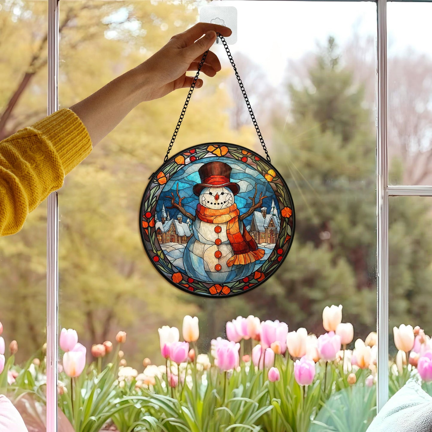 cvjutf Christmas Snowman Suncatcher Stained Glass Window Hanging Decor, Winter Snowman Stained Glass Wall Decor, Christmas Garden Sun Catchers Indoor Window Hanging Wall Art, 7.9x7.9In