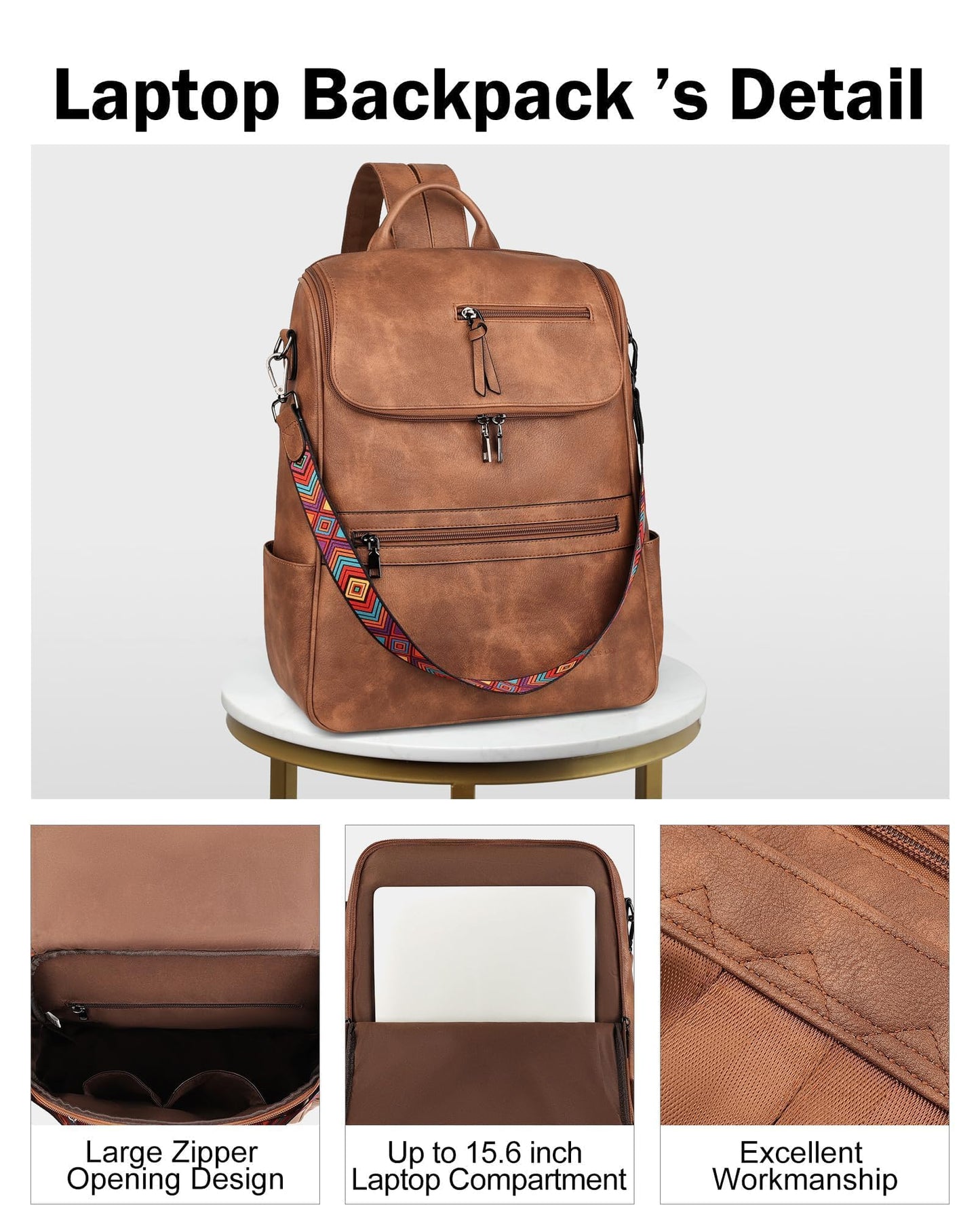 FADEON Laptop Backpack for Women Leather Travel Backpack with Laptop Compartment, Designer Ladies Computer Backpacks Brown