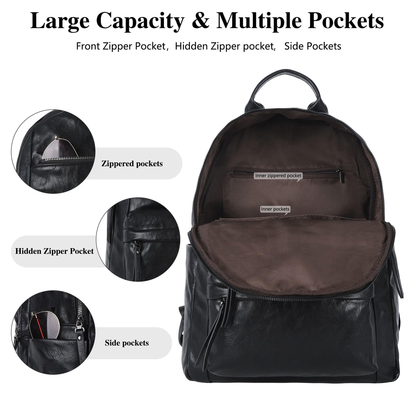 ZOCAI Large Leather Backpack Purse for Women – Vegan Retro Leather Travel Backpack for Women with Compartment, Multiple Pockets Roomy Large Capacity Daypack for Work Traveling.