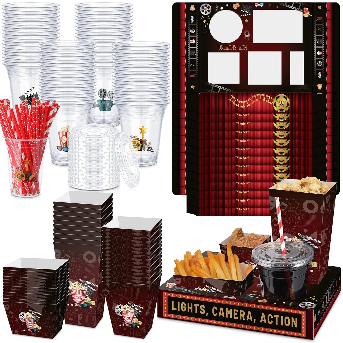 Bokon 172 Pcs/ 24 Sets of Halloween Movie Night Snack Trays Funny Cartoon Pumpkin Vampire Monster 3 Sizes Snack Boxes, 16 oz Disposable Drinks Cups, 50 Straws, Sealing Stickers for Cinema Party Decor