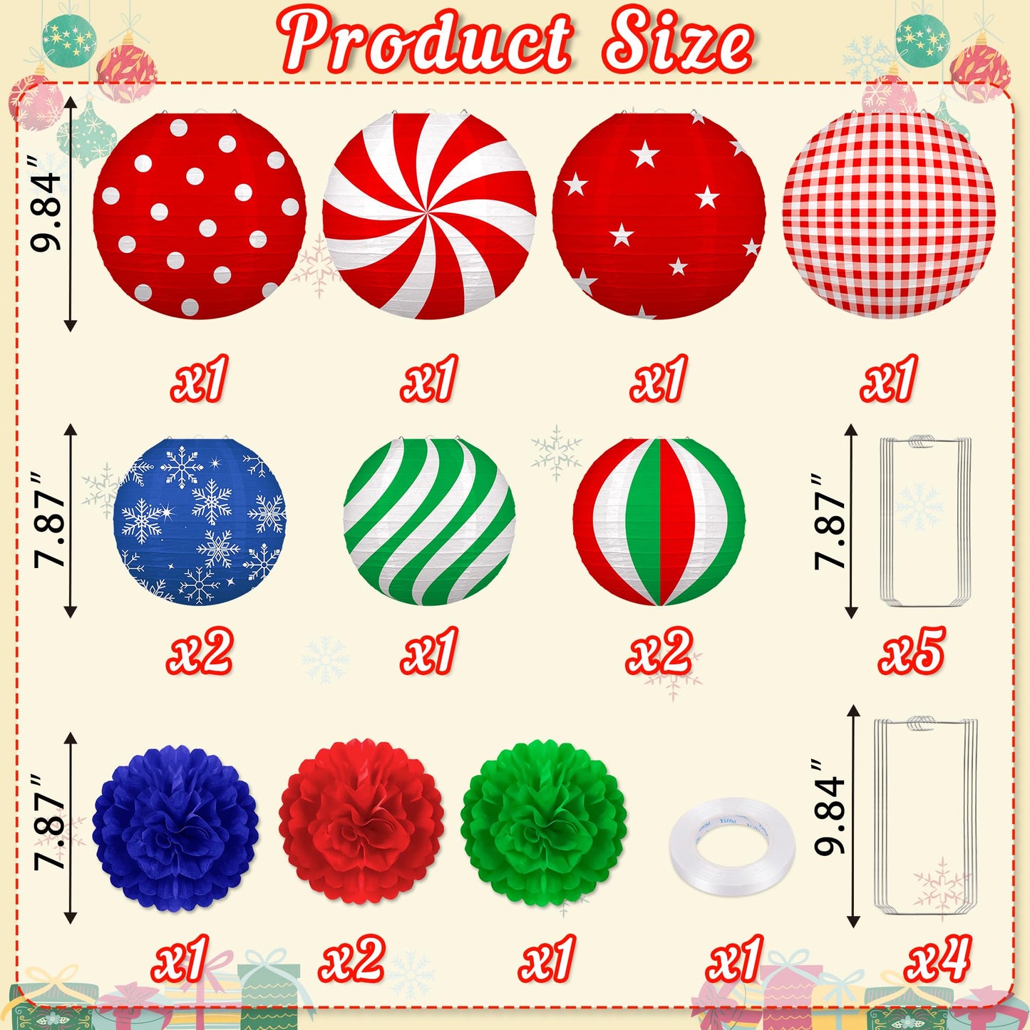 Renbuzhu 13PCS Christmas Decorations Ornaments Set – 9 Red Green Blue Hanging Paper Lanterns, 4 Pom Poms for Indoor, Home, Xmas Party, Porch Decor