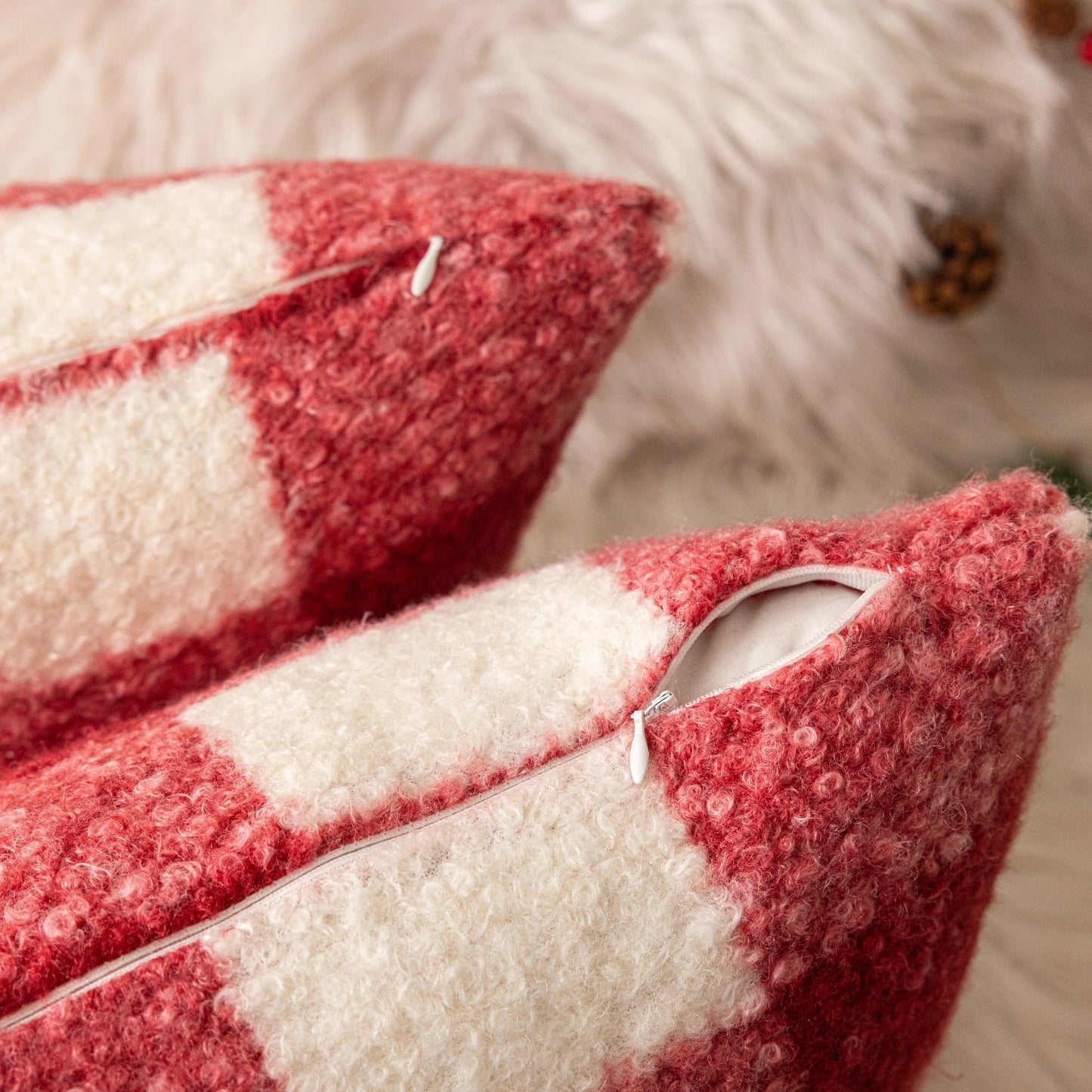 AQOTHES Red White Plaid Christmas Throw Pillow Covers 18x18 Inch Set of 2, Boucle Decorative Pillow Covers,Cozy Fluffy Home Living Room Farmhouse Decor for Sofa Couch Bed