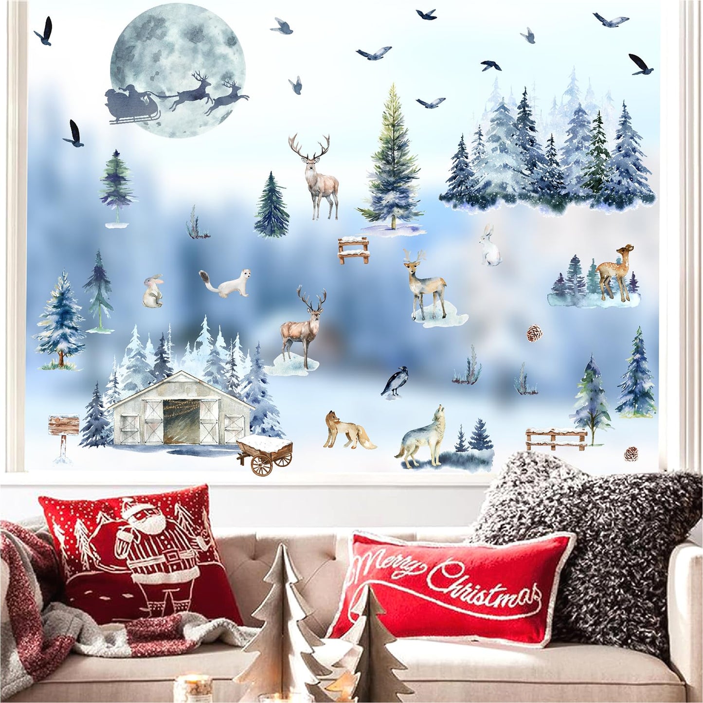 Winter Tree Wall Stickers Forest Animal Wall Decals Removable Woodland Tree Animal Wall Stickers Christmas Winter Pine Wall Decal Xmas Elk Santa Claus Christmas Moon Window Wall Decal