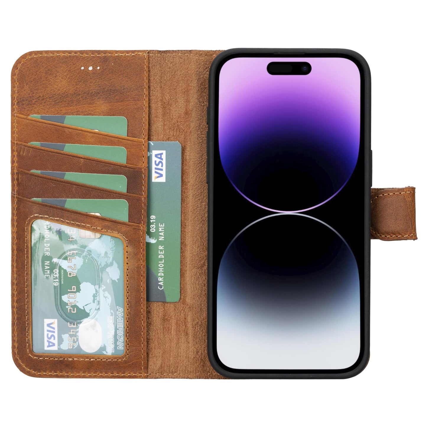 VENOULT Detachable Wallet Case for iPhone 15 Pro MAX, 4 Card Holder Wallet, Man or Women Folio Cover, Compatible with Magsafe, RFID, Genuine Leather, Kick Stand (Almond Brown)