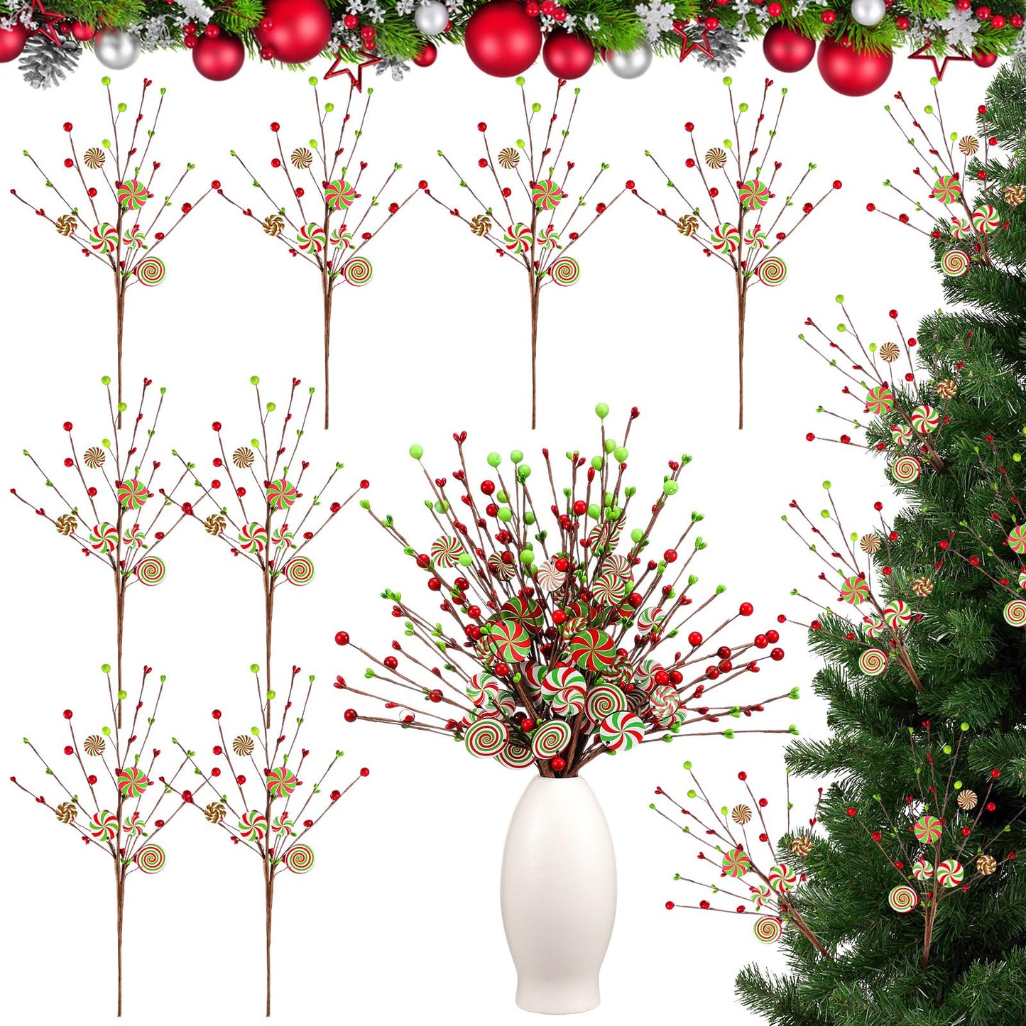 Janinka 8 Pcs Christmas Picks Red and Lime Green Candy Cane Decor Xmas Tree Picks Red Green Christmas Decorations Candy Xmas Tree Topper Lollipop Elf for Vase Fillers DIY Crafts Displays Home New Year