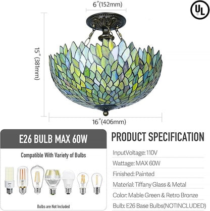 Tiffany Ceiling Light Fixture Green Wisteria Stained Glass Semi Flush Mount Lamp Wide 16 Inch Height 15 Inch Tiffany Ceiling Lamp