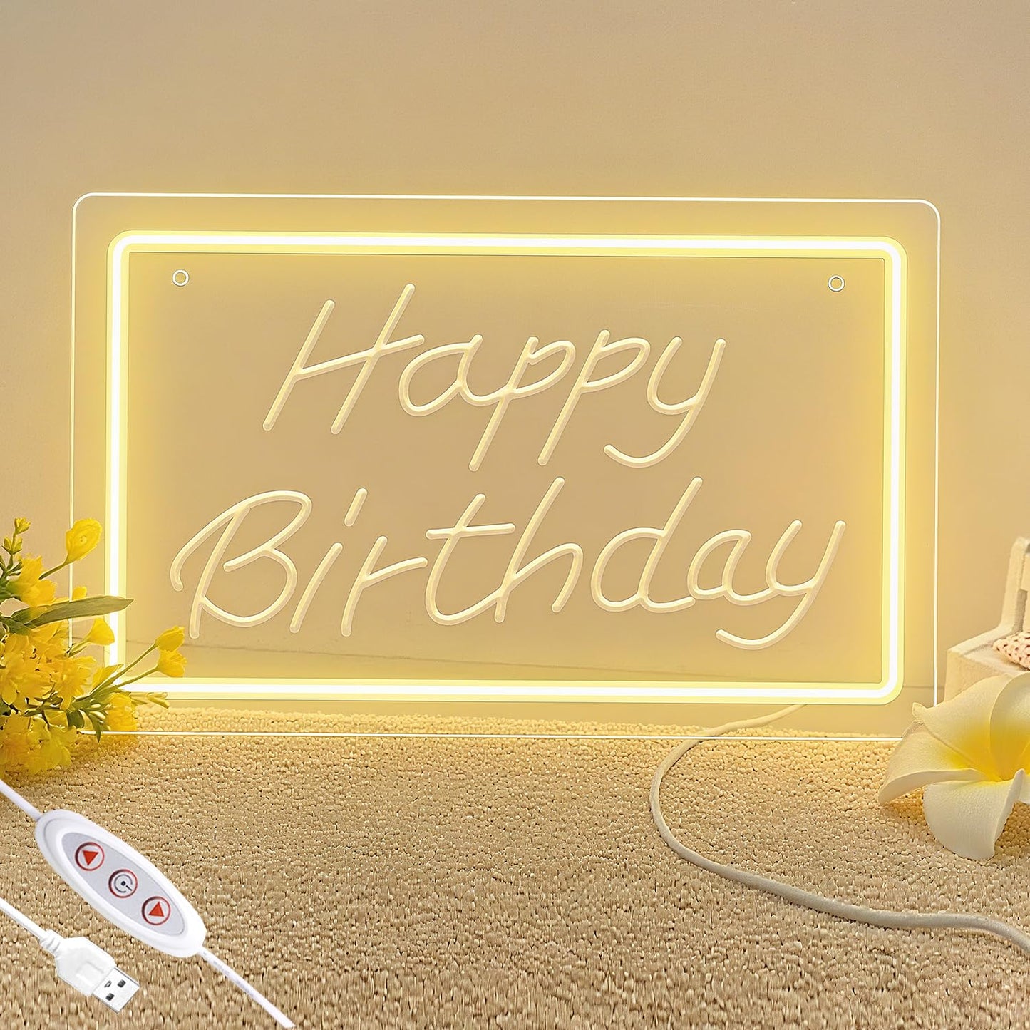 KeyDoors Happy Birthday LED Neon Sign 11.8 x8.3in– Warm White Dimmable Neon Light, USB Powered Wall Decor for Party Backdrop, Bachelorette Party Decor, Ideal Christmas Gift & Birthday Gift