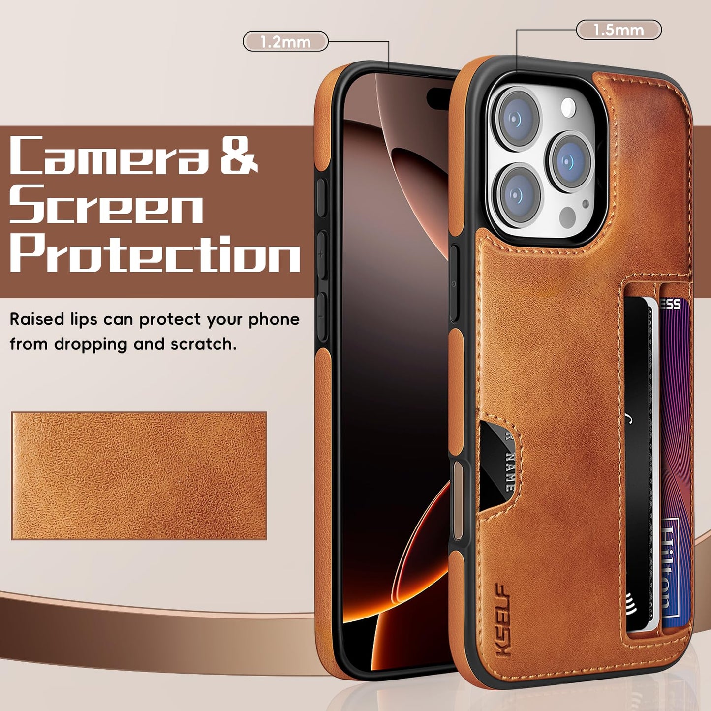 KSELF Leather Case for iPhone 16 Pro Max with Card Holder Soft Leather Wallet Case, Protective Slim Shockproof Phone Cover for Man Women (Brown)