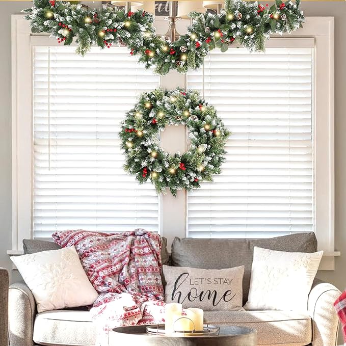 24 Inch Christmas Wreaths for Front Door with Lights,Lighted Artificial Flowering Pine Door Wreath,Prelit Faux Green Winter Wreath with Pine Cones and Red Berry for Indoor Outdoor Decor