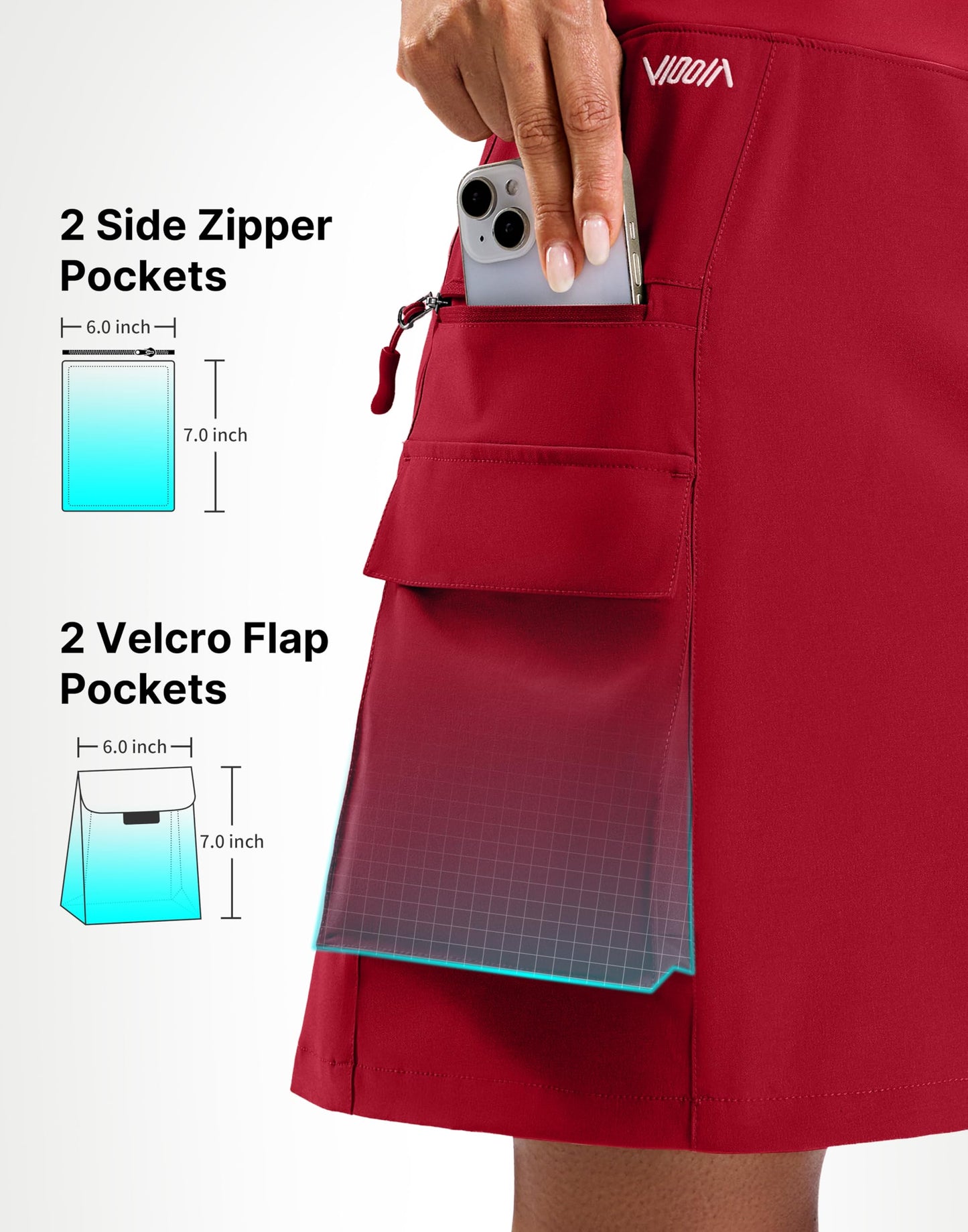 Viodia 18'' Cargo Skorts for Women with 6 Pockets Hiking Knee Length Skirt High Waisted Golf Skort for Travel Casual Deep Red S
