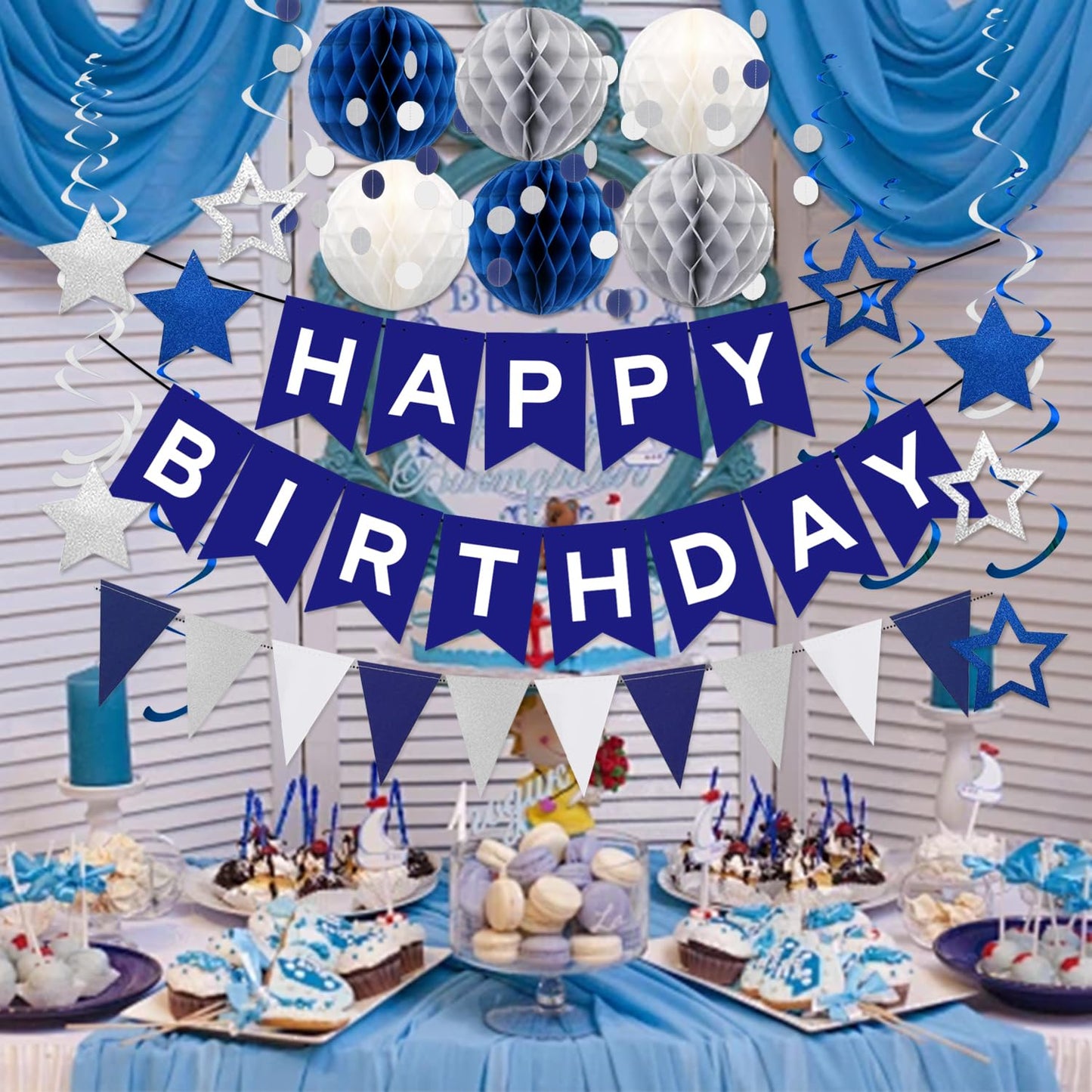 Navy Blue White Silver Birthday Party Decorations for Boys Men, Pre-Strung Navy Blue Birthday Banner with Honeycomb Balls, Stars Hanging Swirl Streamers, Circle Dots Garland, Triangle Pennant