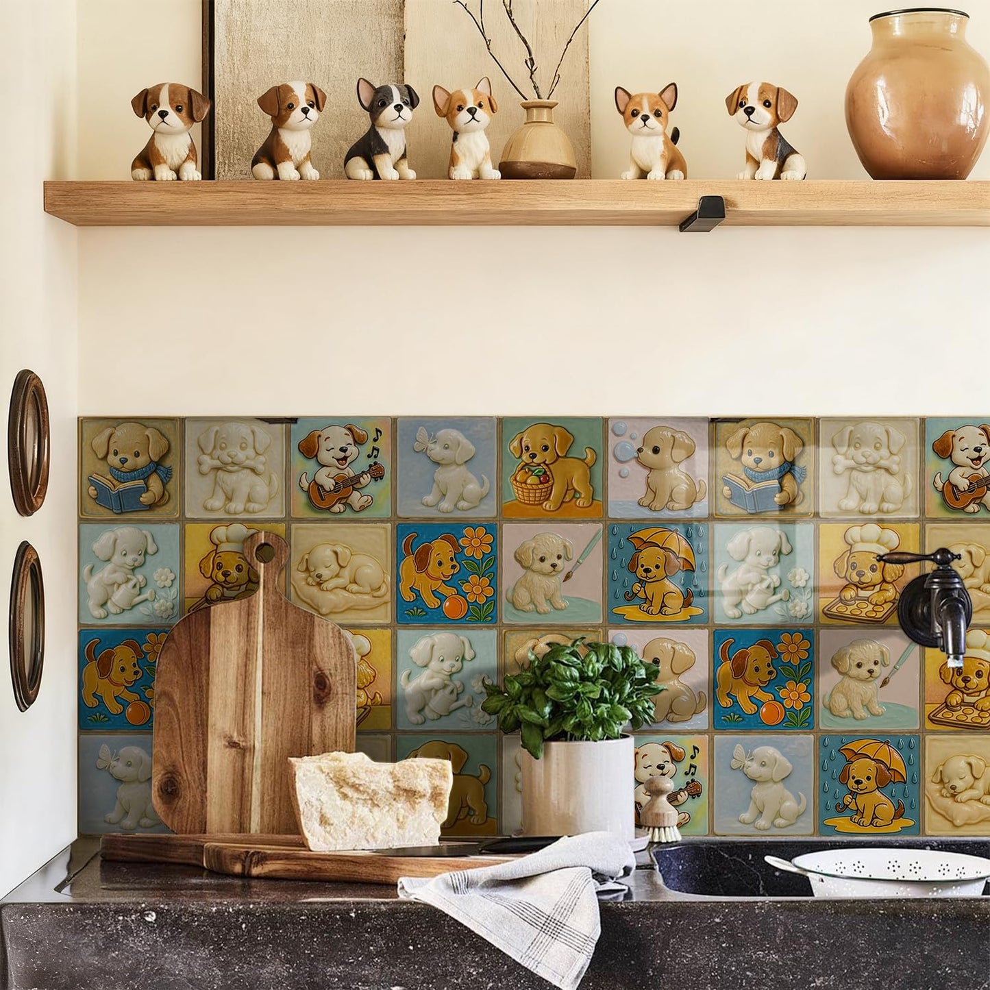 Removable Cute 3D backsplash Tiles for Kitchen Bathroom RV ladundry wall Decor,Decorative Lovely Tile Stickers Stick on backsplash with Puppy Picture