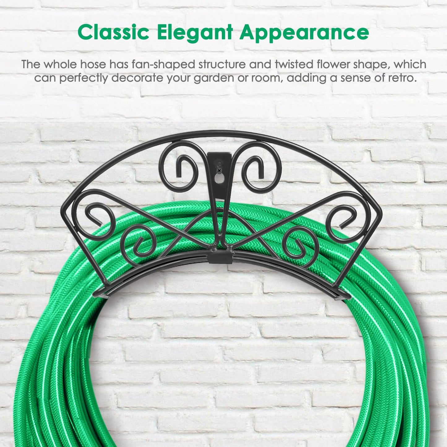 TomCare Garden Hose Holder Heavy Duty Water Hose Holder Solid Metal Hose Hanger Wall Mount Decorative Durable Garden Hose Storage Hose Reel Hose Organizer for Outside Yard, Black