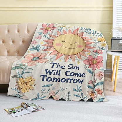 Retro Sun Fleece Blanket - 60x80in Cute Cheerful Floral Vintage Throw Blankets,Soft Cozy Lightweight, Ideal for Living Room Home Decor and Kids Women Girls Gifts