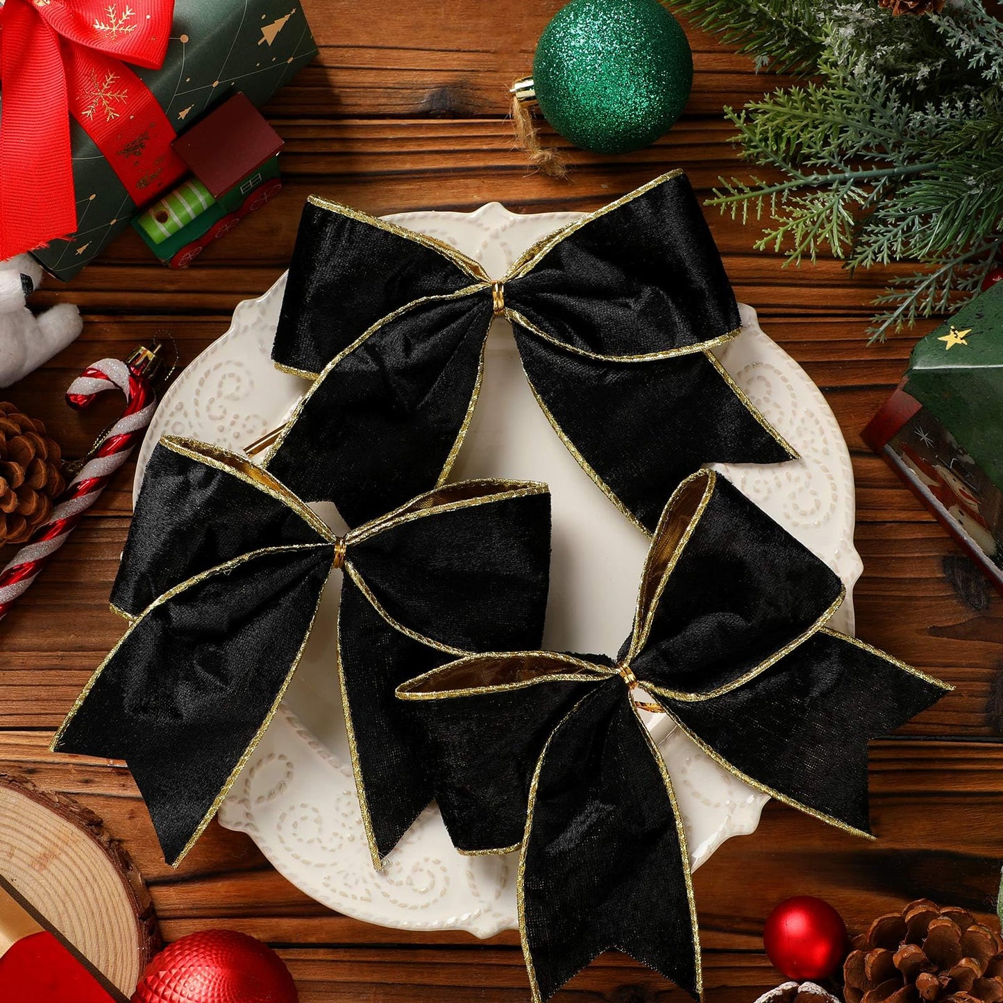 Panelee 12 Pcs Black Velvet Christmas Bows 6 x 6 in Wreath Bow Christmas Tree Decorations Ornaments for Hanukkah Xmas Tree Topper Wreath Garland Party Gift Wrapping DIY Decor