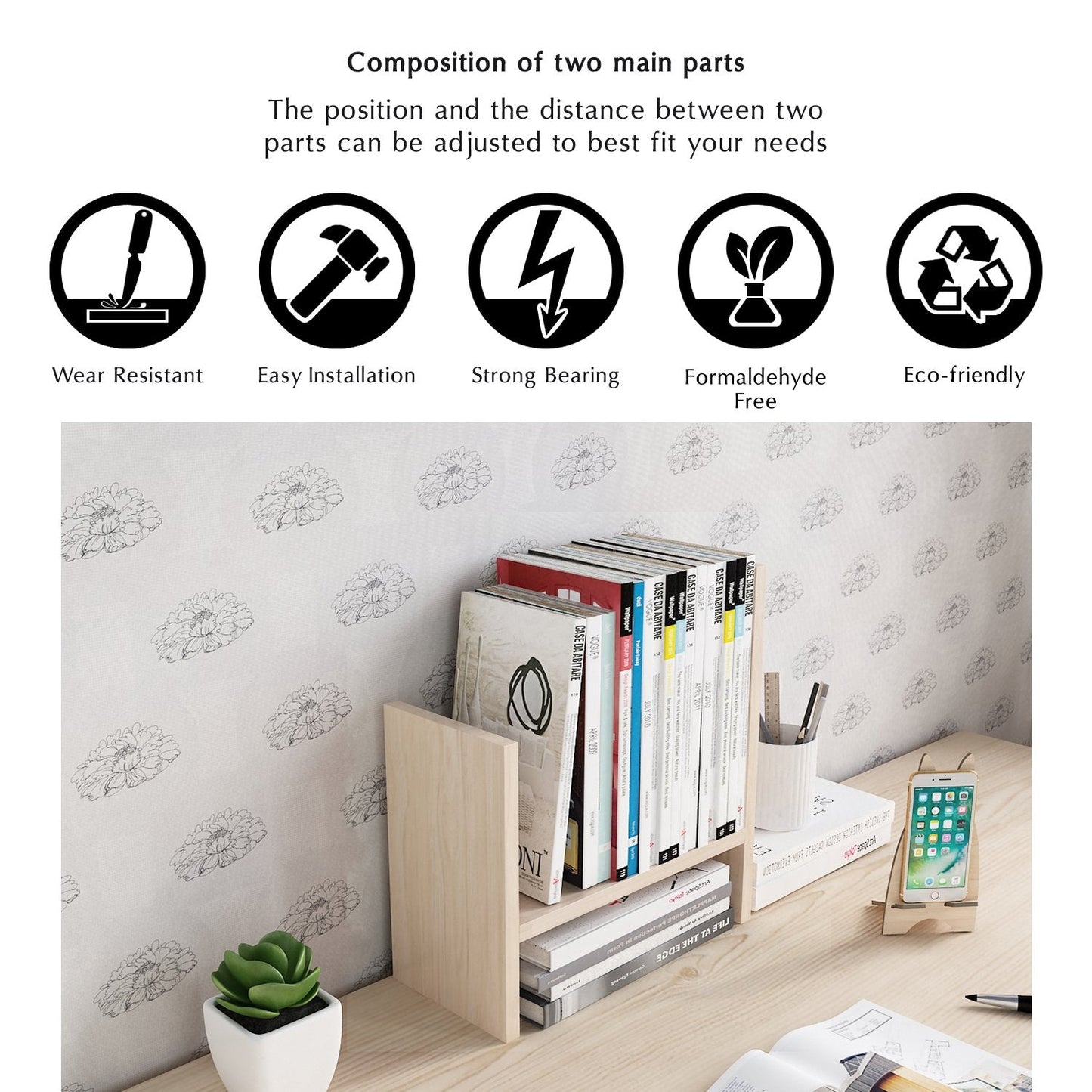 Jerry & Maggie Desktop Organizer Office Storage Rack Adjustable Wood Display Shelf Free Style Double H, Multi-Functional Mini Bookshelf for Desk Natural Stand (White Wood Tone)