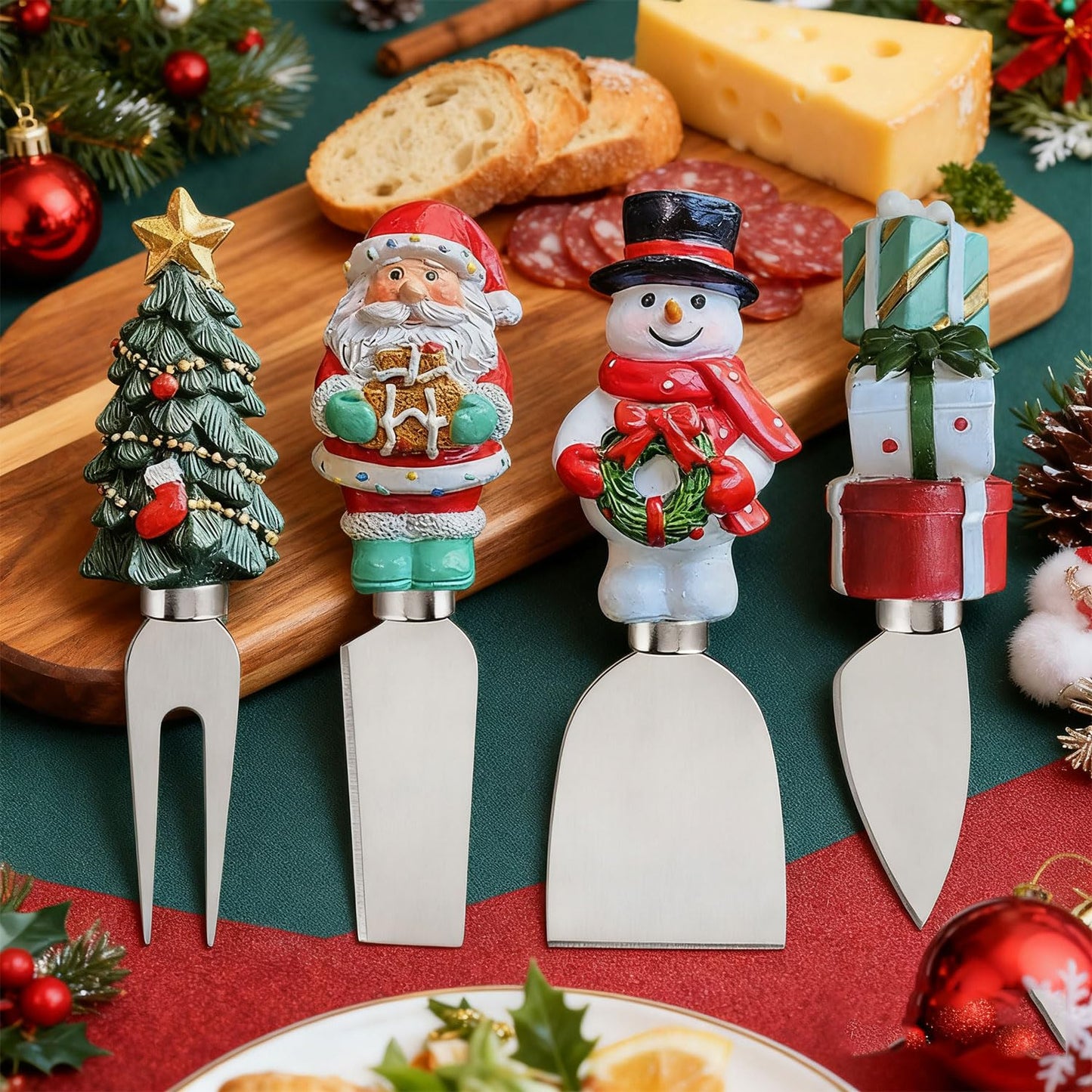 Linwnil 4-Piece Hand Christmas Resin Handles Cheese Knives, Xmas Charm Cheese Spreader Knife for Charcuterie Board Tools