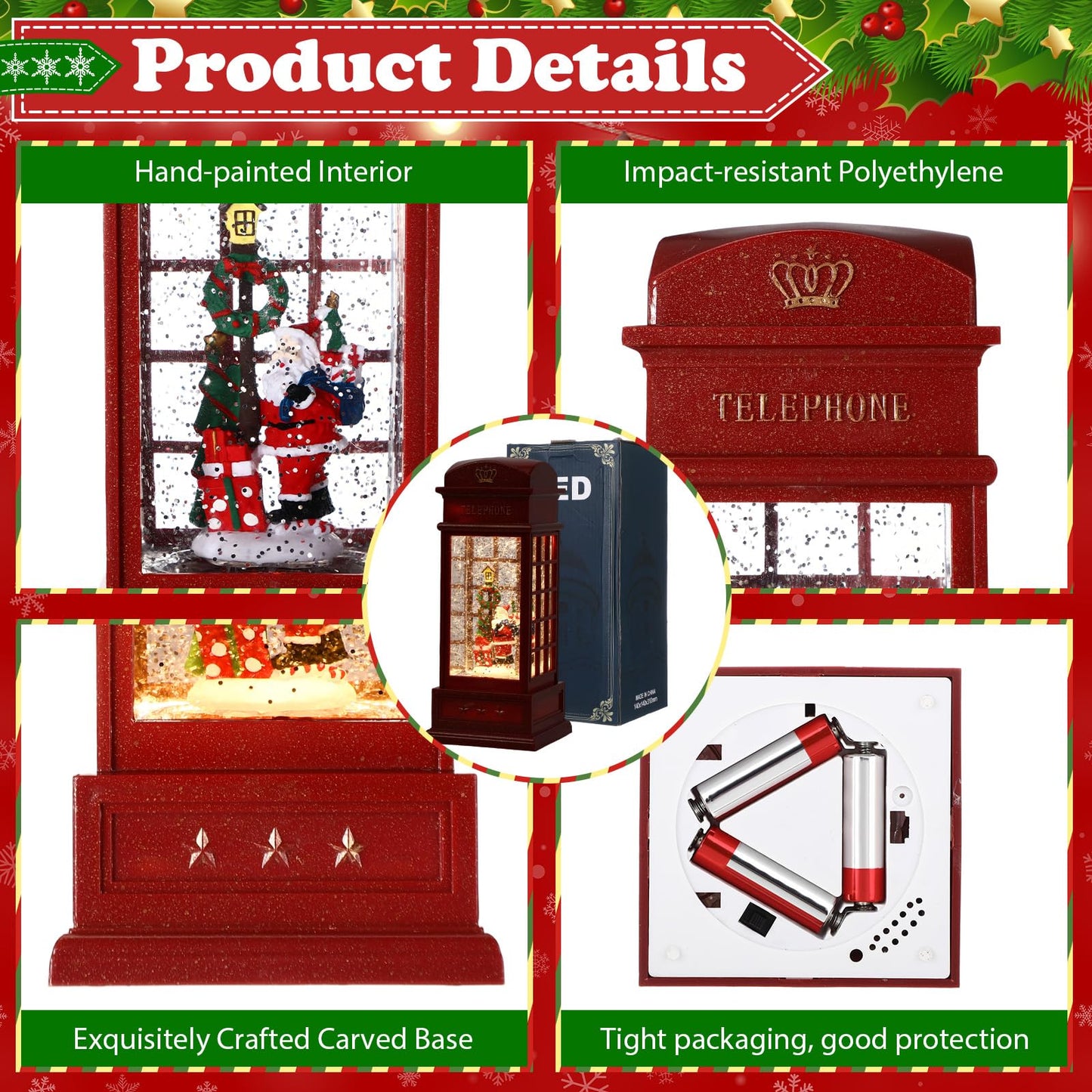 Riakrum 2 Pcs Christmas Snow Globe Lantern Phone Booth 9.8 Inch Battery or USB Operated Red Glitter Musical Singing and Lighted Water Night Light Centerpiece for Xmas Party Decoration
