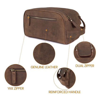 Leather Toiletry Travel Bag with Waterproof Lining, Large Capacity Vintage Dopp Kit, Shaving & Cosmetic Organizer for Men & Women - Brown