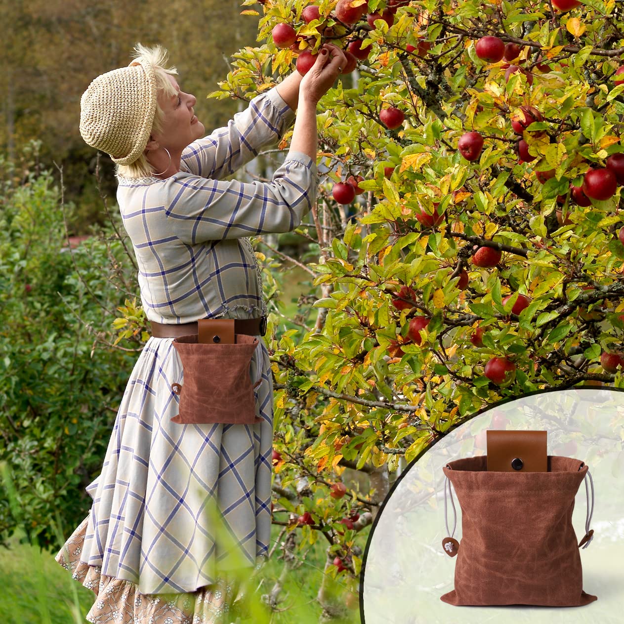 Brown Foraging Bag, Outdoor Picking Fruit Bags, Waxed Canvas Foraging Pouch, Foldable Leather Belt Pouch With Drawstring Multi-Purpose Picking Bag for Camping, Shells, Treasures, Travel, Hiking, Tools