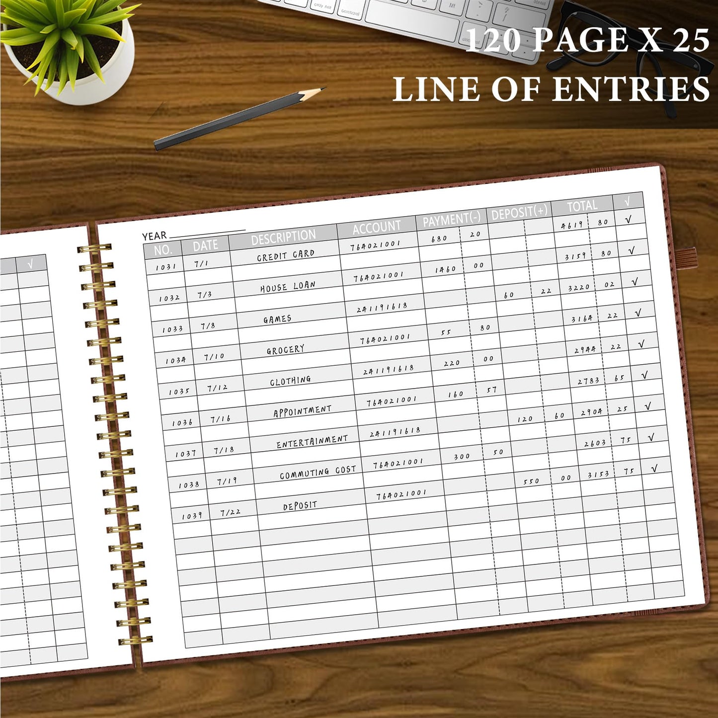 AKONEGE Accounting Ledger Book for Personal & Small Business Bookkeeping, Horizontal Income and Expense Tracker Notebook with Calendar, Hardcover Columnar Log Journal 10.78'' x 8'', Brown