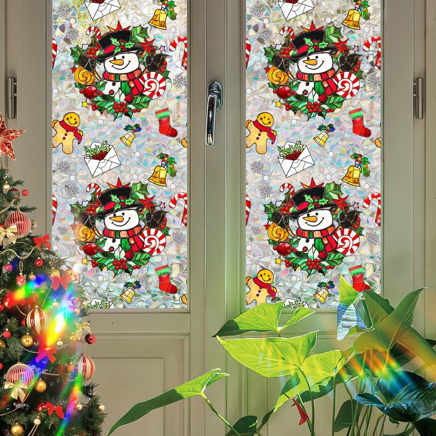 Christmas Window Film Decorative Snowman Gingerbread Man Xmas Red Berry Designs Stained Static Glass Window Clings Stickers for Home Office Living Room Bedroom Glass Windows Door Decor 17x 39.3 Inch