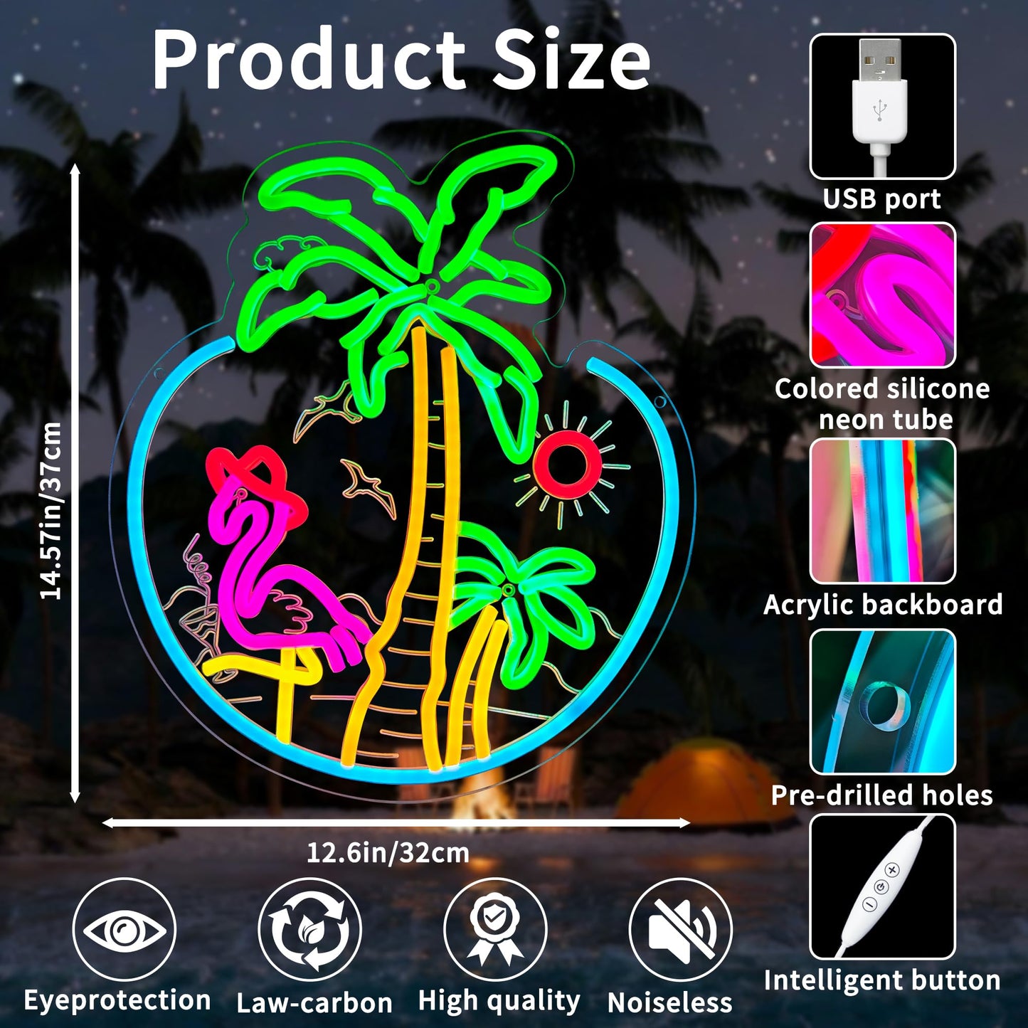 Tropical Flamingo Palm Tree Sunset Neon Sign for Wall Decor, USB Powered Dimmable LED Coconut Tree Neon Light Sign for Bar Man Cave Club Beach Theme Restaurant Party Decoration