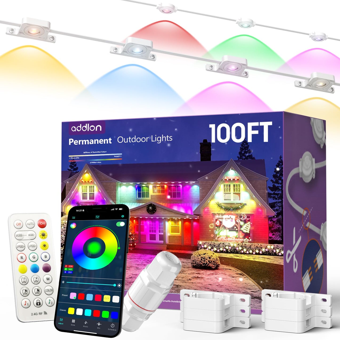 addlon Permanent Outdoor Lights, 100FT with 50 Dual-LED, Cuttable & Extendable, Remote & App Control RGB Eave Light, IP67 Waterproof Outdoor Lighting for House, for Halloween Décor, Christmas Light