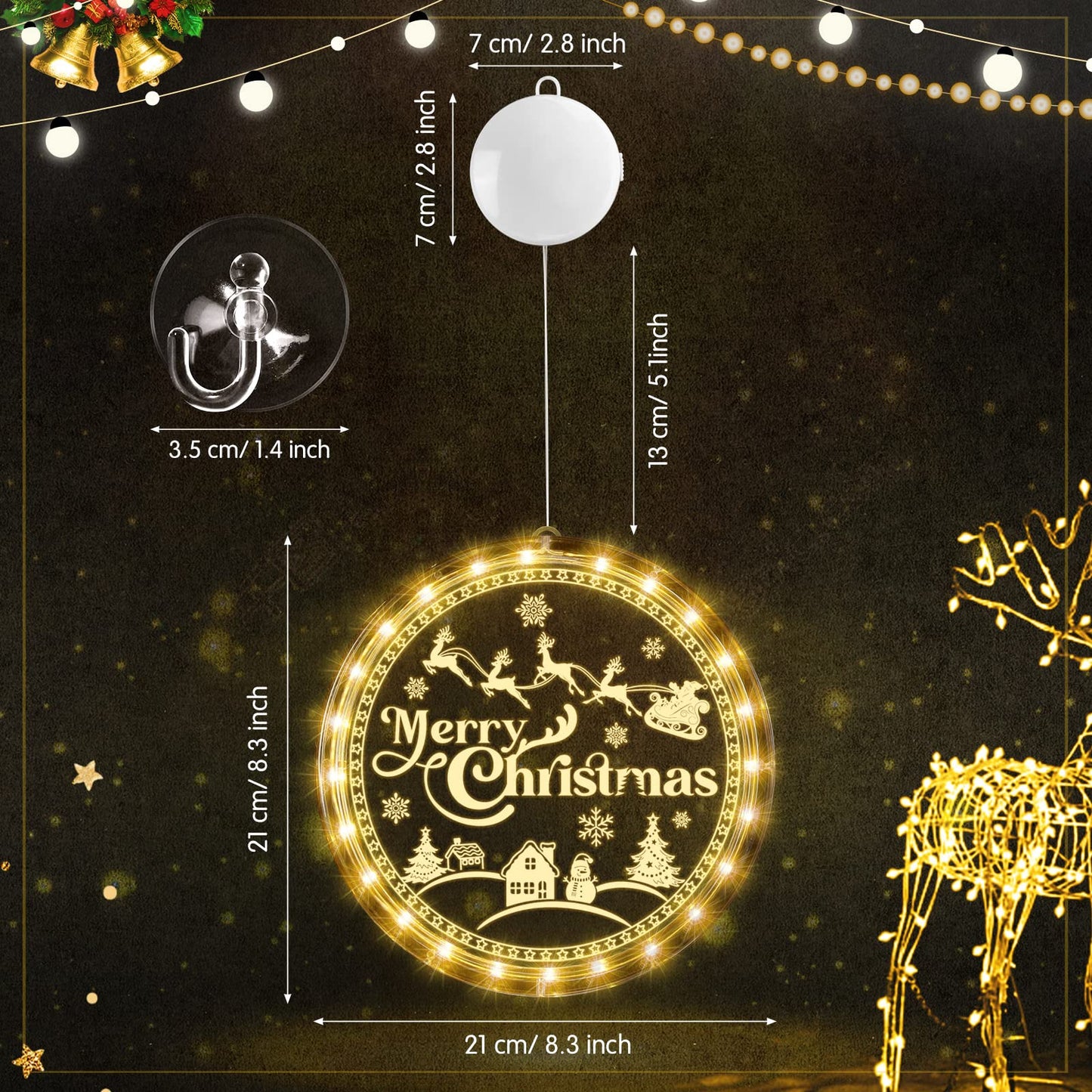Tiamon Merry Christmas Window Light Decorations Xmas LED Decorative Window Battery Operated 3D Acrylic Hanging Light with Suction Cup Hooks for Holiday Party Windows Wall Bedroom Decor, Warm White