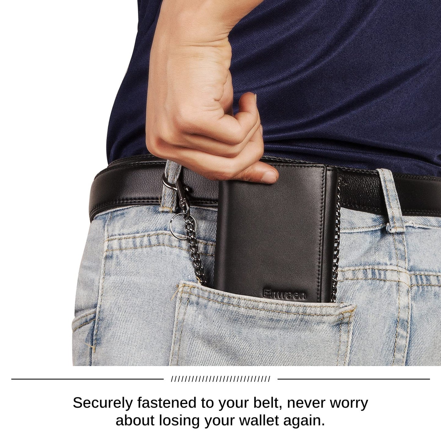 Mens Wallet with Chain, Genuine Leather Trifold Wallet RFID Blocking Anti-Theft Chain for Biker, Motorcycle(Black)
