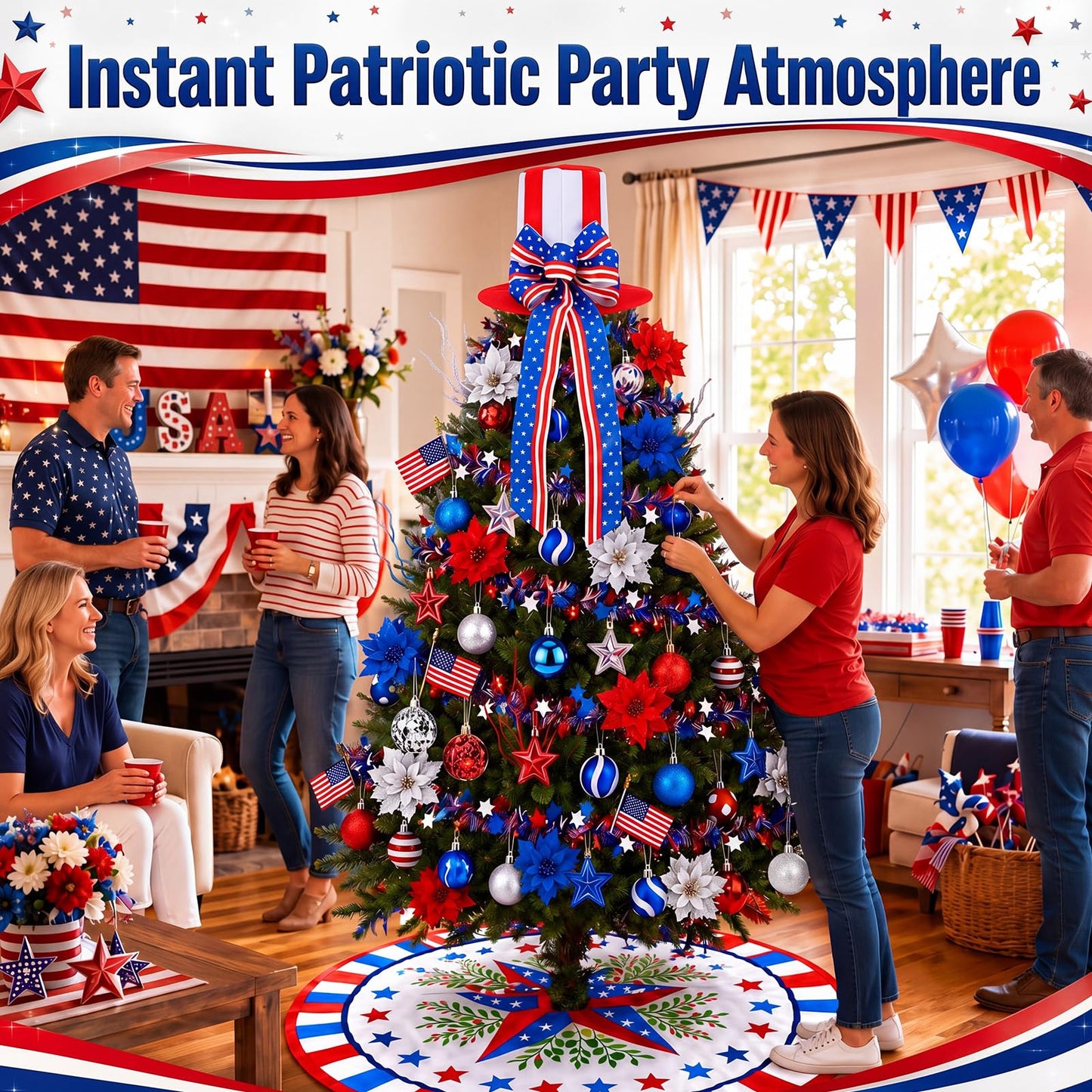 Teyva Daily 90 Pcs 4th of July Tree Decorations Kit, Patriotic Red White Blue Hanging Ornament, Tree Skirt, Topper Hat, Ball, Star Picks, Garland, Mini Flags, Flowers for Independence Day Party Decor