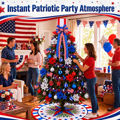 Teyva Daily 90 Pcs 4th of July Tree Decorations Kit, Patriotic Red White Blue Hanging Ornament, Tree Skirt, Topper Hat, Ball, Star Picks, Garland, Mini Flags, Flowers for Independence Day Party Decor