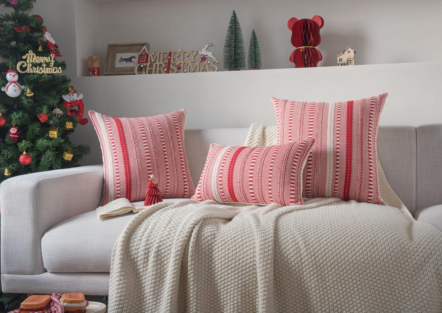 Cethom Christmas Pillow Covers 18x18 Inch Set of 2, Farmhouse Boho Christmas Decoration Couch Pillow Cases, Red Accent Pillows of Bed, Sofa Bedroom Living Room Home Decor Cushion Cover