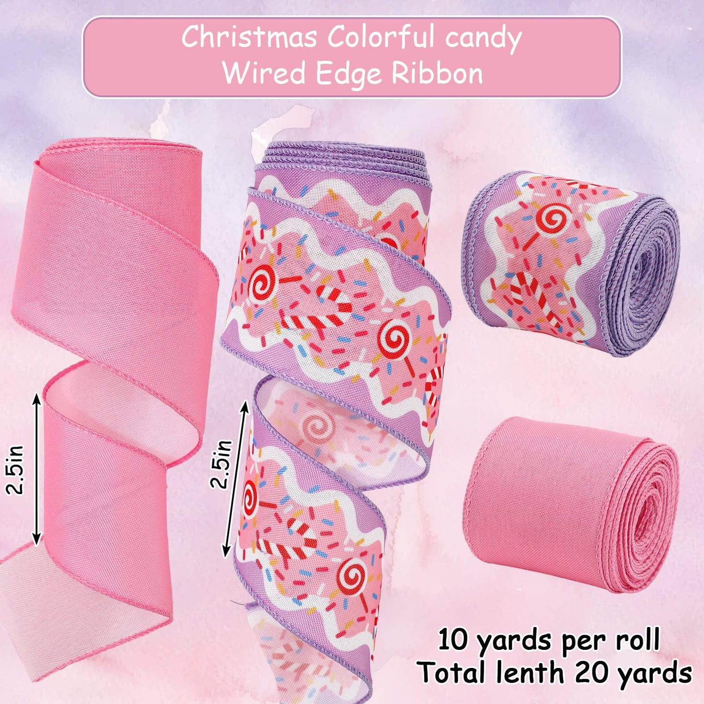 JarThenaAMCS Christmas Wired Edge Ribbon Pink Purple Candy Cane Fabric Craft Ribbon for Wreath Bow Making DIY Crafts Wrapping, 2 Roll, 20 Yards