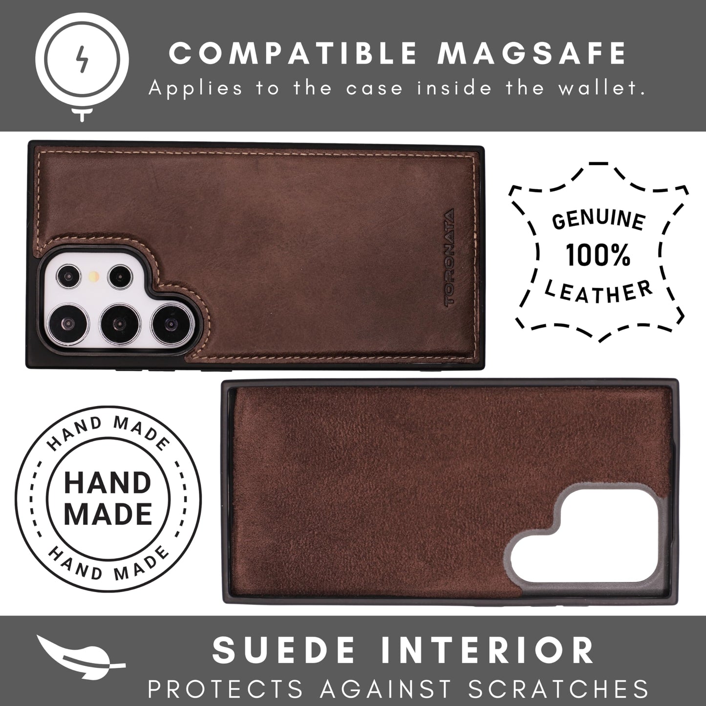 TORONATA Nevada Samsung Galaxy S24 Ultra Case – S24 Ultra Leather Case - Luxury S24 Ultra Wallet Case with Kickstand Design, Card Slots – Handcrafted Anti Scratch RFID Leather Wallet (Dark Brown)