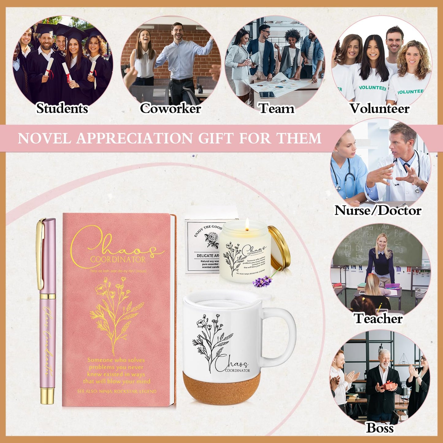 Sayglossy 4 Pcs Thank You Gift Set for Chaos Coordinator Women Administrative Professional Day Appreciation Notebook Coffee Mug Cup Scented Candle Ballpoint Pen for Coworker Teacher Nurse Staff, Pink
