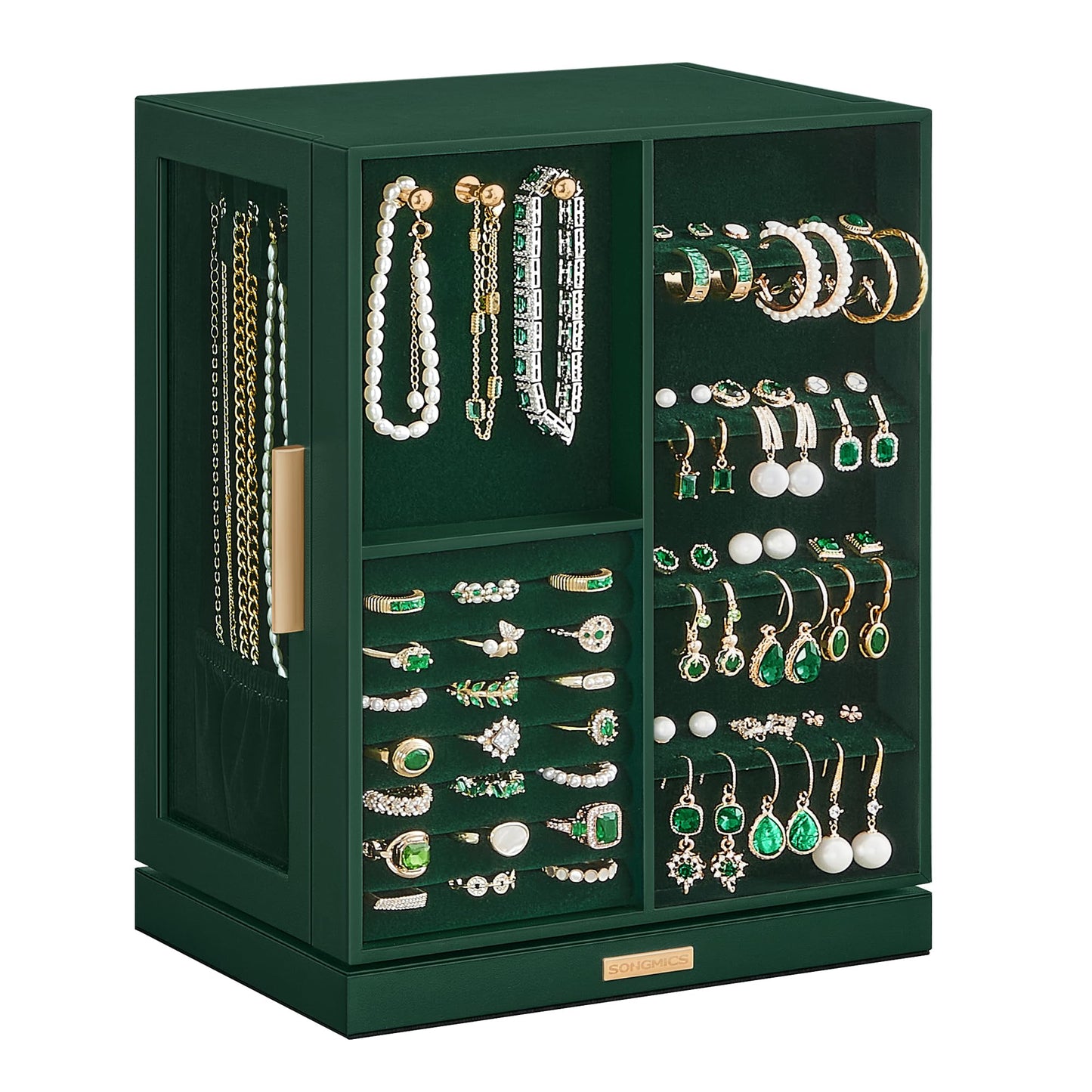SONGMICS Jewelry Box 360° Rotating, Jewelry Storage Case with 5 Drawers, Jewelry Organizer, Glass Window, Spacious, Vertical Jewelry Storage, Open Design, Great Gift, Forest Green UJBC170C01