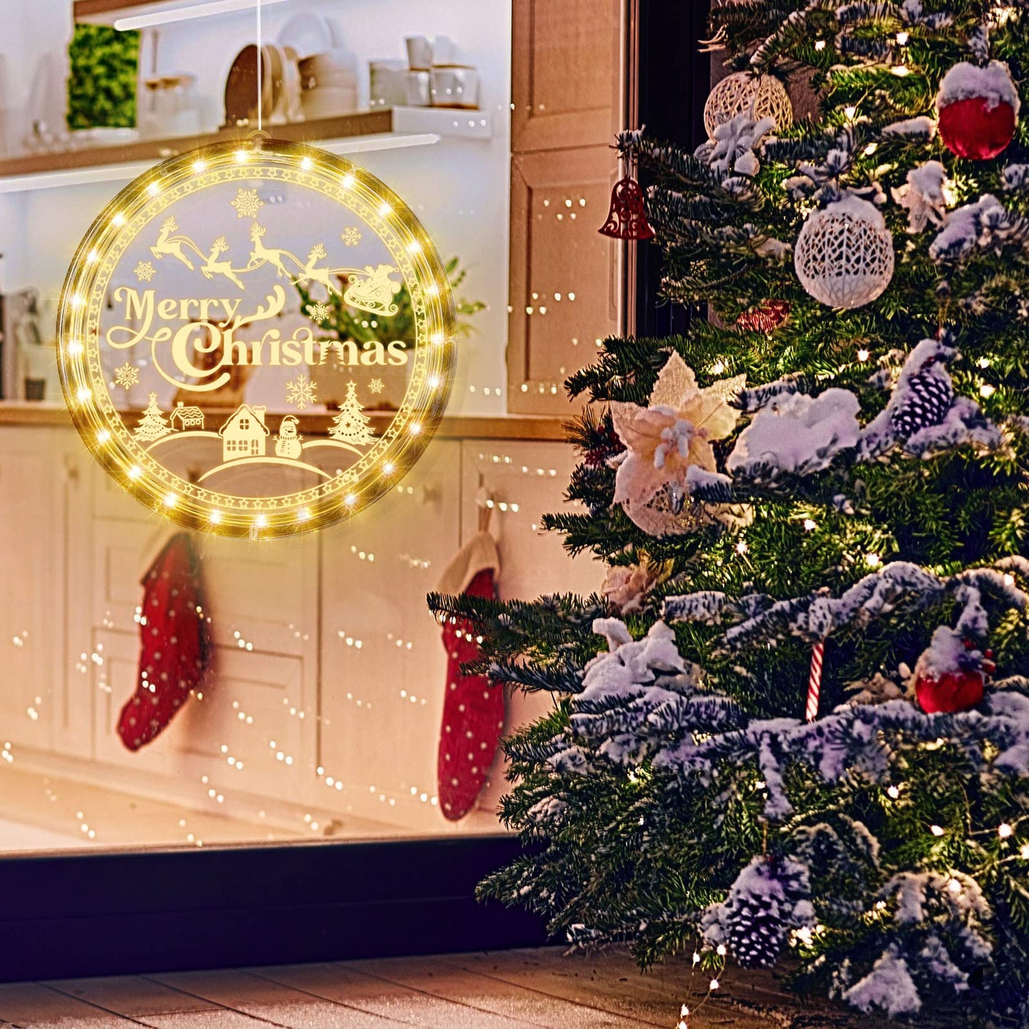 Tiamon Merry Christmas Window Light Decorations Xmas LED Decorative Window Battery Operated 3D Acrylic Hanging Light with Suction Cup Hooks for Holiday Party Windows Wall Bedroom Decor, Warm White