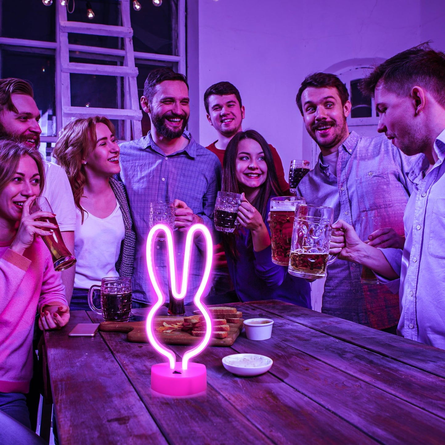 BAILEY Rabbit Ears Neon Sign,Easter Bunny Rabbit LED Lights with Holder Base,USB or 3-AA Battery Powered Neon Light of Business Premises for Christmas Easter Party Holiday Night Bedroom Gifts (Pink)
