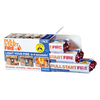 Pull Start Fire Pull String Firestarter | No Matches Required, Fire Starts in Seconds | for Campfires, Grill, Fireplace, BBQ | Lights Wet Wood, Easy to Use, Food Safe and Weather Resistant | 3 Pack