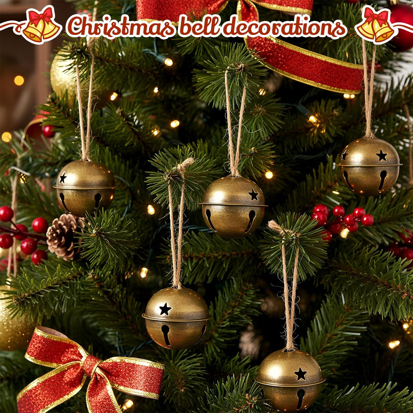 Zubebe Christmas Bells Jingle Bells Large 2.5 Inch Star Cutout Ornament for Crafts Christmas Tree Decor Gift Wrapping(Bronze,24 Pcs)
