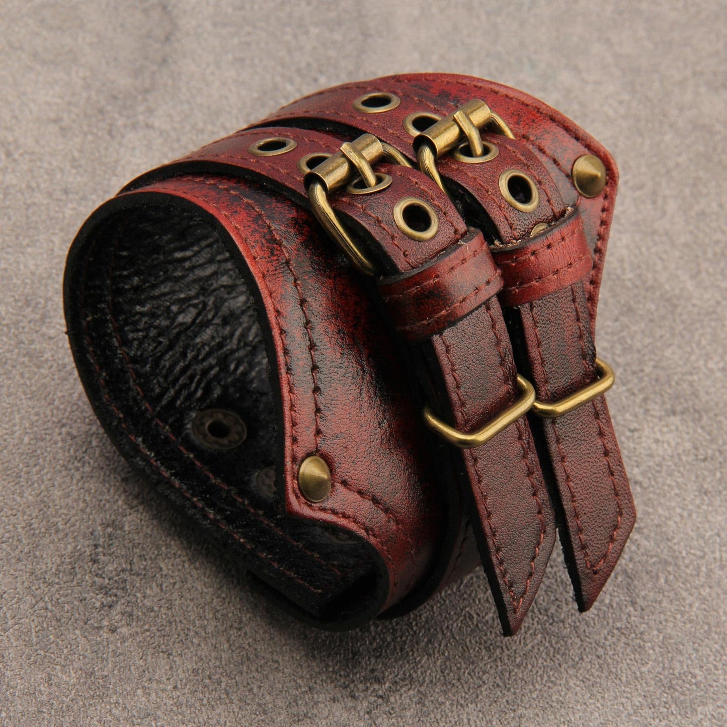 GelConnie Mens Leather Cuff Bracelet Wide Punk Rock Wristband Studded Bracelet Red Adjustable Leather Arm Band