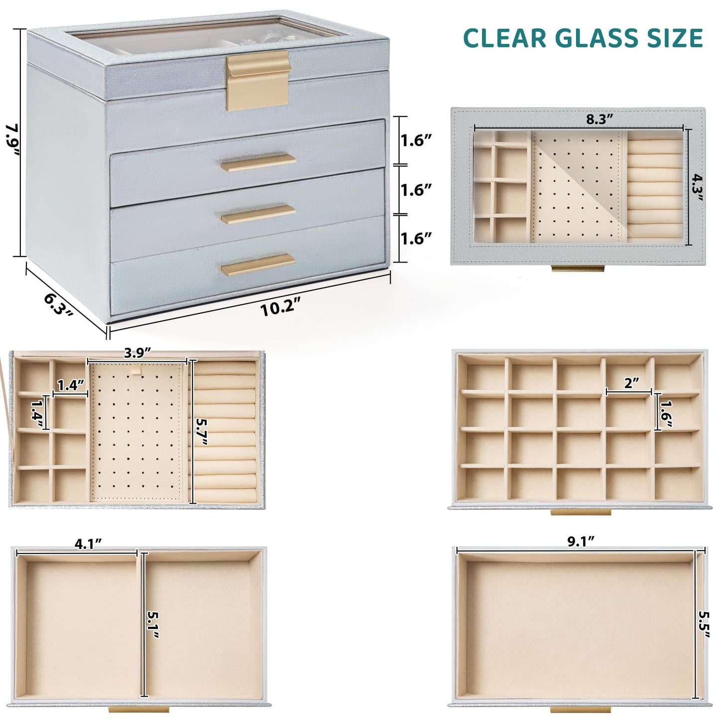 AKOZLIN 4-Tier Jewelry Box with Clear Glass Lid Functional Leather Jewelry Storage Organizer Case 3 Drawers for Women Girls Necklace Ring Bracelet Earring